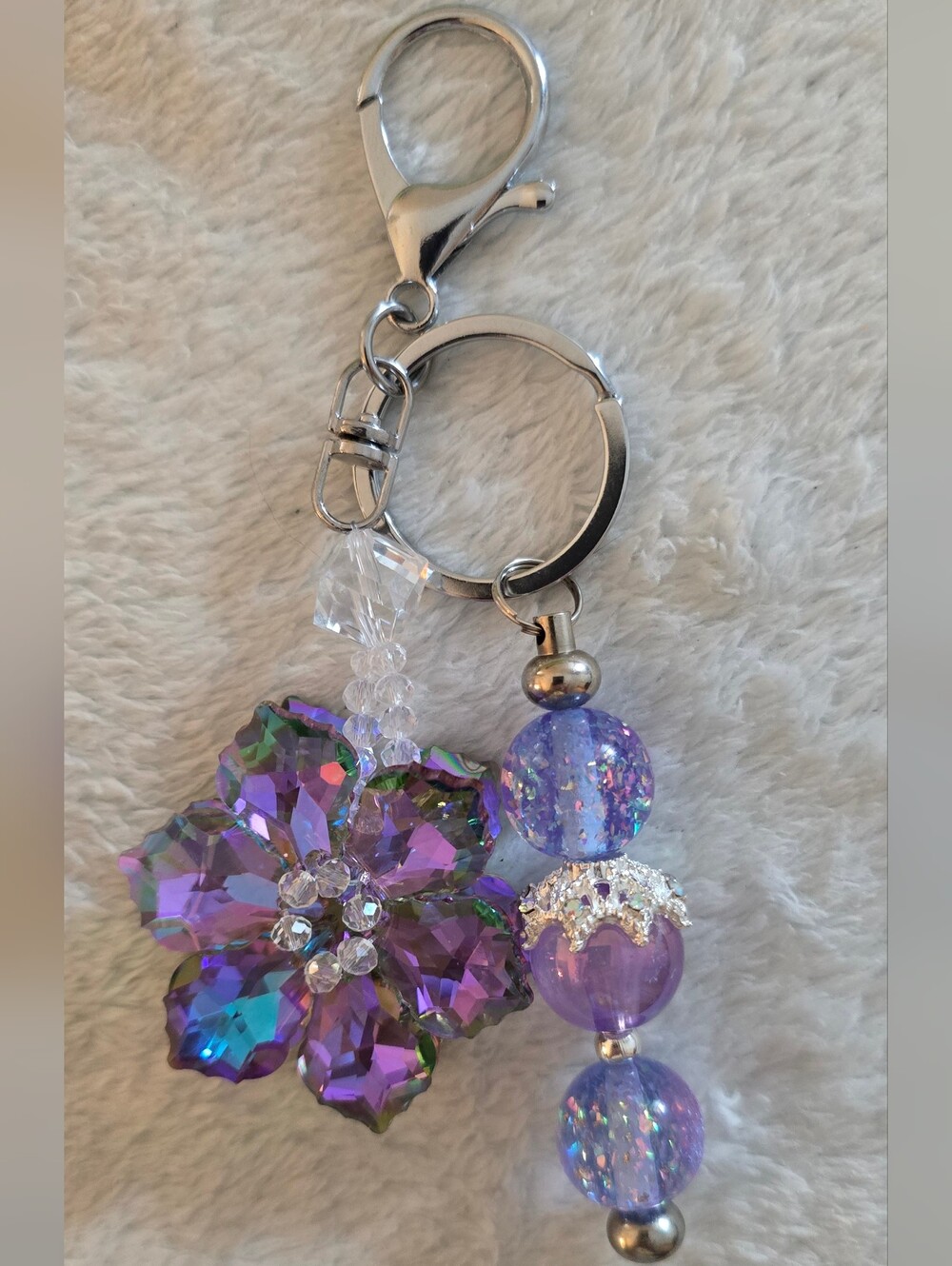 Iridescent Purple Beaded Keychain/Bag Charm - Flower